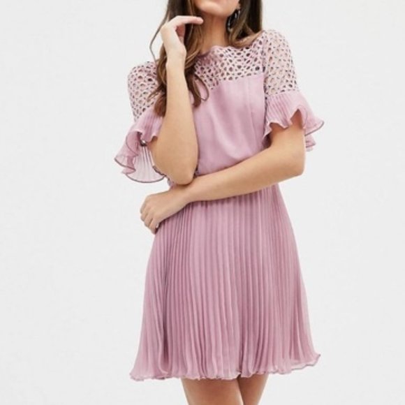 ASOS Dresses & Skirts - NEW ASOS 12 Lace Pleated Mini Dress in Pale Pink